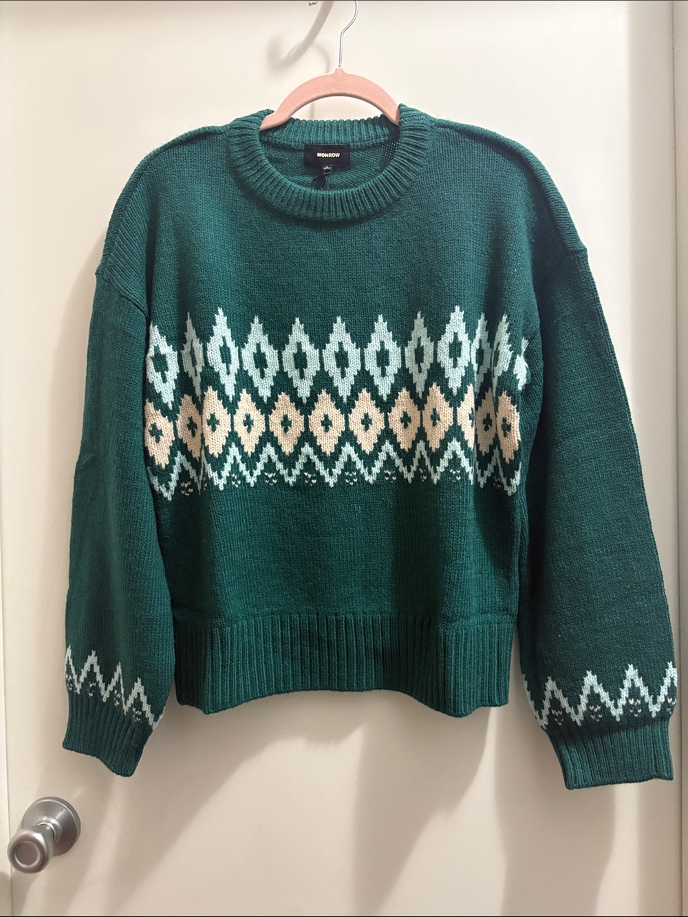 Monrow Green Fair Isle Crewneck Sweater with Cream Accents